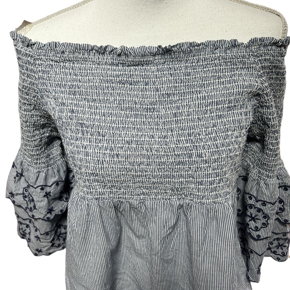 BeachLunchLounge, large, blue embroidered off the shoulder top. Cotton. - Picture 3 of 10